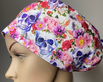 Floral Skull Cotton Scrub Hat: Healthcare Worker Accessory