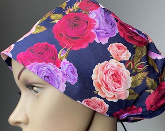 retro flowers, Scrub cap, surgical scrub cap, scrub hats, scrub caps for women, medical scrubs, floral, peonies, roses, daisies, hibiscus