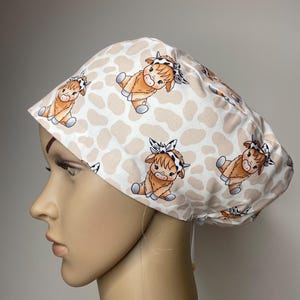 Cute Highland Cow Scrub Cap – Unisex Surgical Hat with Adjustable Toggle | Cow Print Nurse Cap | Animal Print Medical Headwear