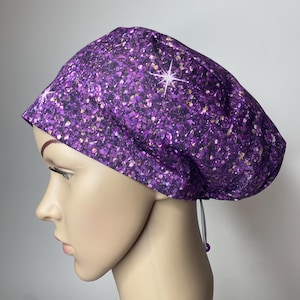 Handmade purple Sparkle Glitter Surgical Scrub Cap with Adjustable Toggle - Cotton Head Cover by Willowhousehomemade