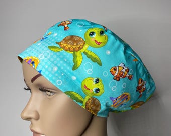 Handmade Scrub Cap, Sea Life Turtles and Fish Print, Surgical Hat
