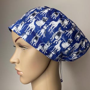 Casquette bleu marine à imprimé chien | Bonnet ajustable en coton avec attache | Doublure en voile de coton doux | Bonnet chirurgical | Couvre-cheveux médical