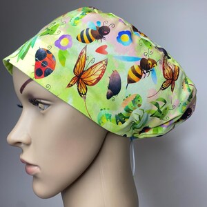 LINED scrub hat. Cute insects Scrub Cap for women. lime green bugs lined surgical scrub cap by willowhousehomemade