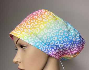 Handmade pastel Rainbow Coloured Animal Print Surgical Scrub Cap with Toggle - Cotton Hat for Medical Professionals by Willowhousehomemade