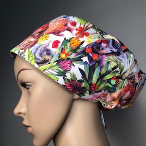 Aqua Christmas scrub cap, floral Australian animals