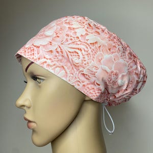 scrub cap - pink floral 3d lace look - womens scrub caps - pink scrub hat - nurse gift - by willowhousehomemade