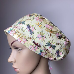 Handmade Yellow Scrub Cap with Unique Floral Dragonfly and Butterfly Design