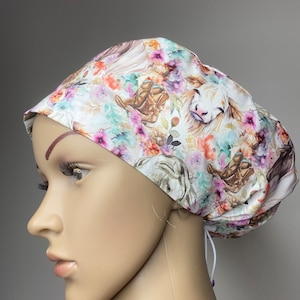scrub cap - country themed - horse, cow, cowboy boots - floral scrub hat - womens scrub caps - nurse gift - by willowhousehomemade