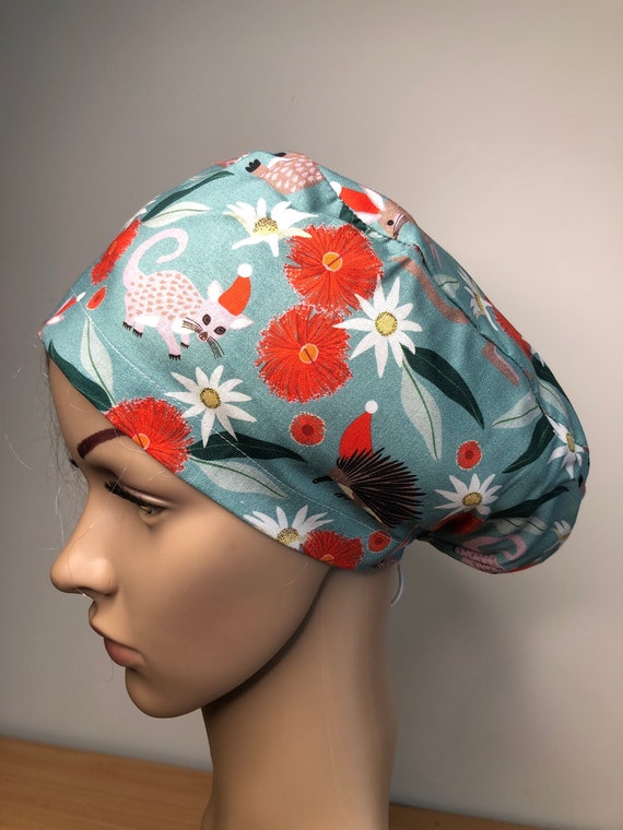 Teal Christmas Scrub Hat Cap Koala 
