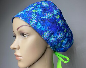 Lined Cotton Scrub Cap: Turtle, Tie-Back - Willowhousehomemade