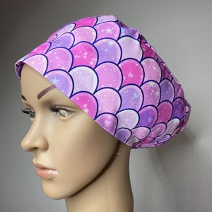 Scrub cap hat pink mermaid print toggle closure hand made in Australia 100% cotton