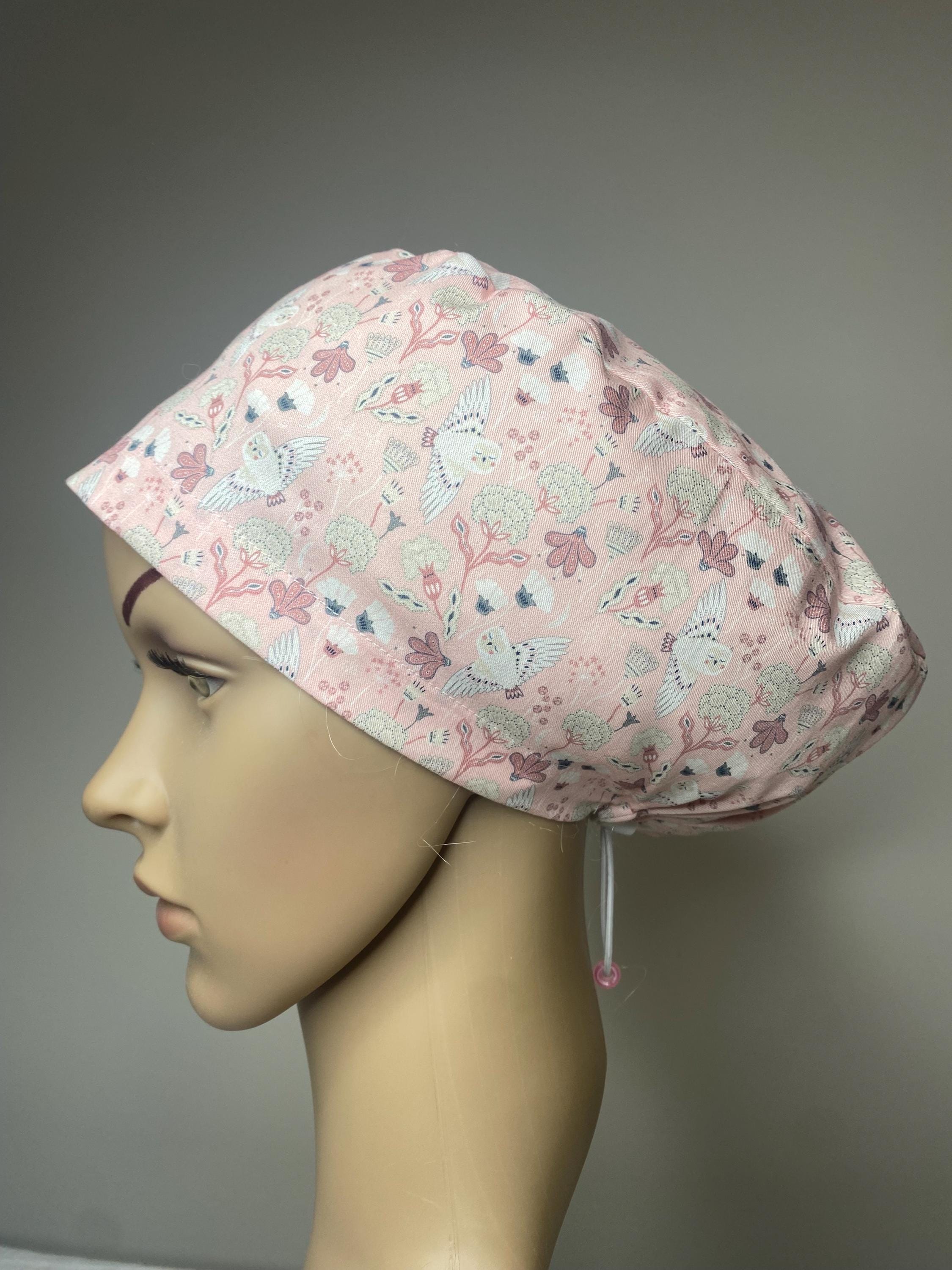 Pink Floral Owl Scrub Cap: Handmade Cotton Surgical Hat with Toggle