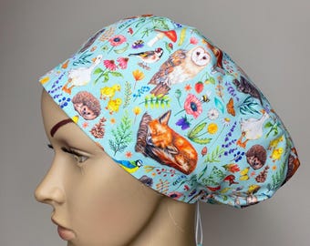 Flora and Fauna Scrub Cap: Handmade Cotton Scrub Hat with Toggle