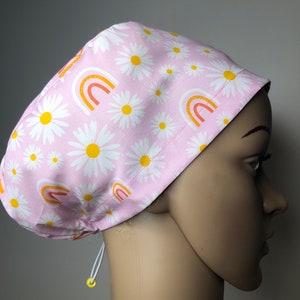 Scrub hat cap, surgical scrub cap, medical scrubs, pink daisy with rainbows image 6