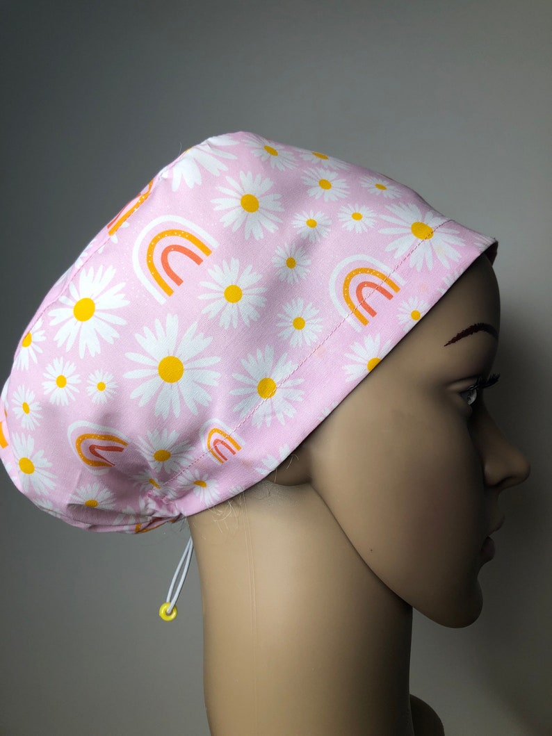 Scrub hat cap, surgical scrub cap, medical scrubs, pink daisy with rainbows image 6