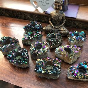 Regenbogen Quarz, Aura, Titan, Punkt, Cluster, Amethyst, Edelstein Kerze Teelicht Halter