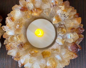 Premium Citrine Cluster Point Flower Petal Gemstone Druzy Candle / Tealight Holders Gift