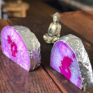 Pink Agate Silver Edge Microcrystalline Quartz Premium Bookends Ornament Gift Pair