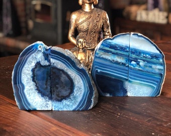 Blue Agate Natural Edge Microcrystalline Quartz Premium Bookends Ornament Gift Pair