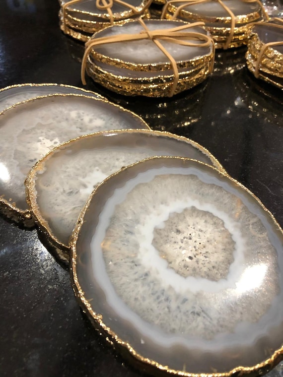 Grey Agate Microcrystalline Quartz Premium Coasters set of 4 Gift