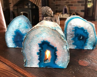 Large Teal Agate End Microcrystalline Quartz Tealight Candle Holder Ornament Gift