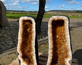 Very Tall Citrine Geode PAIR 27&28 Crystal Cluster Druzy Premium Grade 80kg H81xW29xD21cm