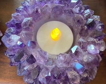 Premium Amethyst Cluster Point Flower Petal Gemstone Druzy Candle / Tealight Holders Gift