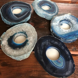 Large Blue Agate Slice Microcrystalline Quartz Tealight Candle Holder Ornament Gift