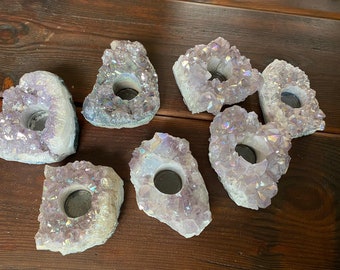 Very Large Premium A Grade Amethyst Angel Aura Cluster Druzy Candle / Tealight Holders