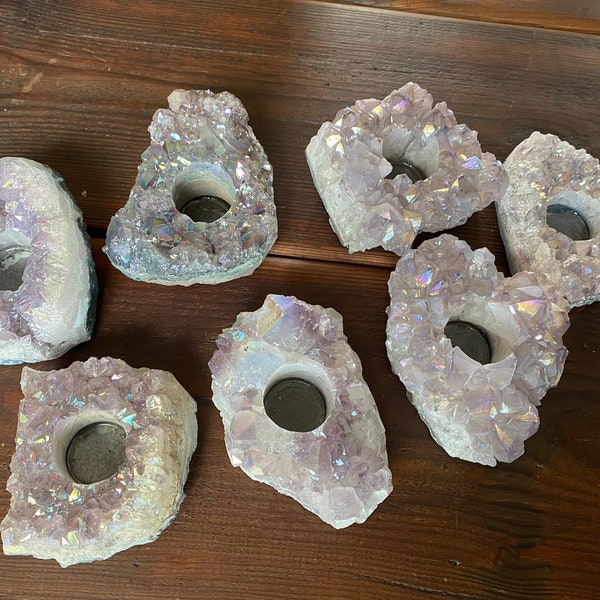 Very Large Premium A Grade Amethyst Angel Aura Cluster Druzy Candle / Tealight Holders