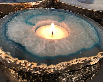 Large Teal Agate Slice Microcrystalline Quartz Gold Gilded 24ct Tealight Candle Holder Ornament Gift