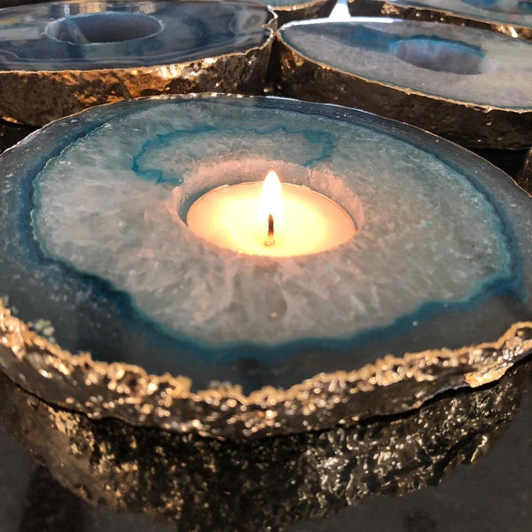 Large Teal Agate Slice Microcrystalline Quartz Gold Gilded 24ct Tealight Candle Holder Ornament Gift