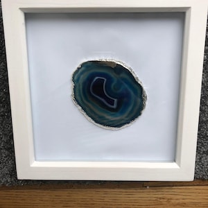 Handmade Unique Exclusive Blue Silver Agate Slice Art Picture White Frame 2