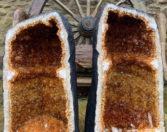 Tall Citrine Geode PAIR 329-330 Crystal Cluster Druzy Premium Grade 61kg each H66xW32xD29cm