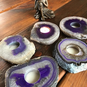 Large Purple Agate Slice Microcrystalline Quartz Tealight Candle Holder Ornament Gift