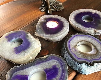 Large Purple Agate Slice Microcrystalline Quartz Tealight Candle Holder Ornament Gift