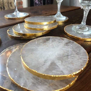 Clear Quartz Premium Coasters Circle Shape 24ct Gold Gilded Edge (set of 4)