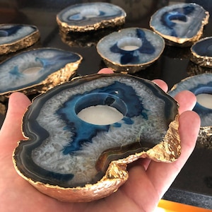 Large Blue Agate Slice Microcrystalline Quartz Gold Gilded 24ct Tealight Candle Holder Ornament Gift