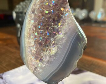 Premium High Grade Amethyst Angel Aura Geode on Stand 33 Mini Geode 267g H12xW5xD5.5cm