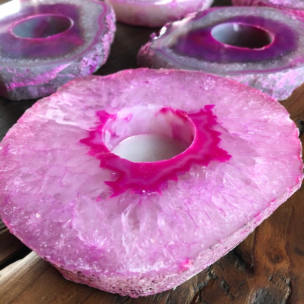 Large Pink Agate Slice Microcrystalline Quartz Tealight Candle Holder Ornament Gift