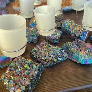 Premium A Grade Rainbow Quartz Cluster Druzy Candle / 1 Cup Tealight Holders - 750g - W10xH17cm