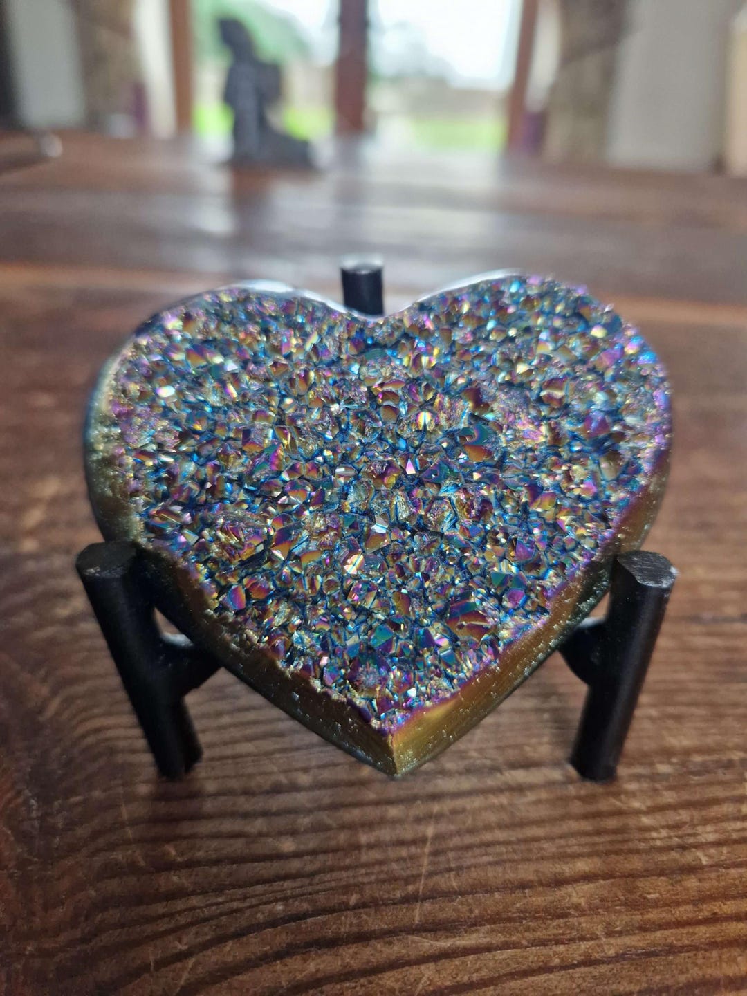 Rainbow Quartz Heart With Stand 33, Aura, Titanium, Cluster