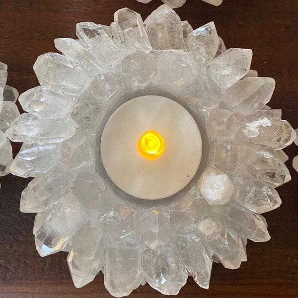 Premium Clear Crystal White Quartz Cluster Point Flower Petal Gemstone Druzy Candle / Tealight Holders Gift