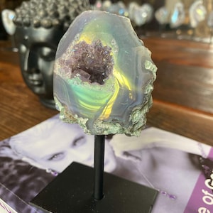 Premium High Grade Amethyst Angel Aura Geode on Stand 47 Mini Geode 285g H12xW6xD6cm