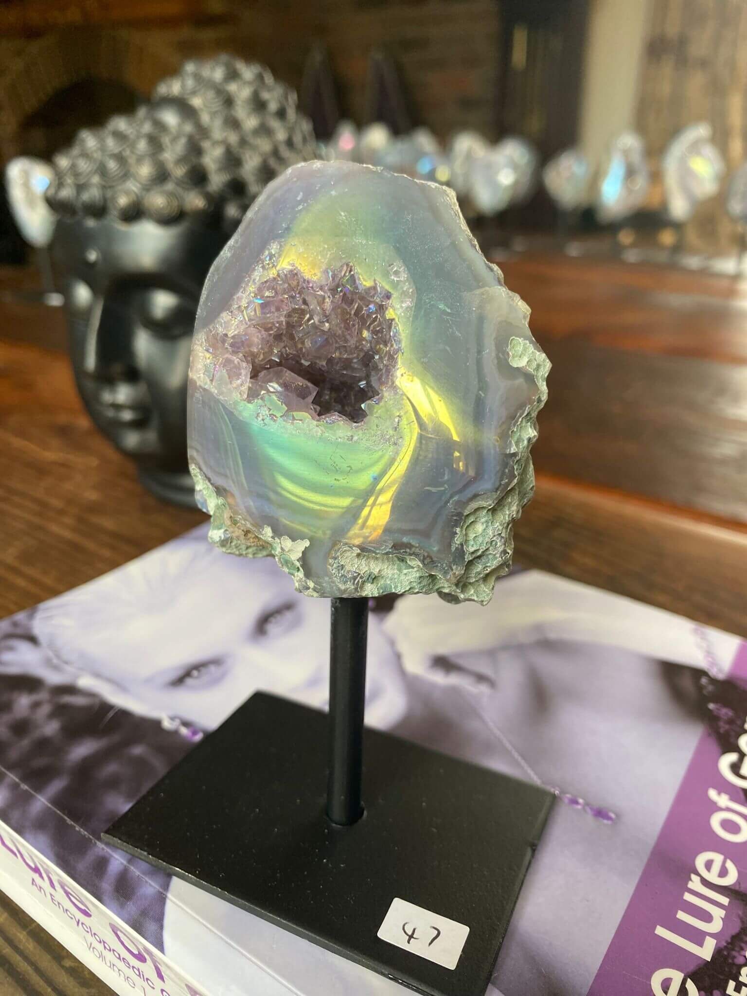 Premium High Grade Amethyst Angel Aura Geode on Stand 47 Mini Geode 285g H12xW6xD6cm