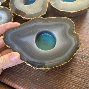 Large Grey – Natural Agate Slice Microcrystalline Quartz Gold Gilded 24ct Tealight Candle Holder