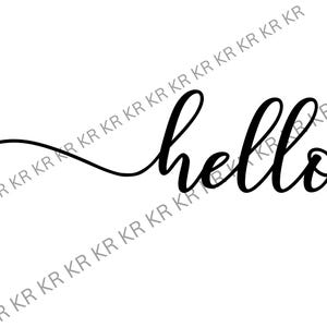 May include: A black and white cursive font graphic with the word "hello" and a small heart.