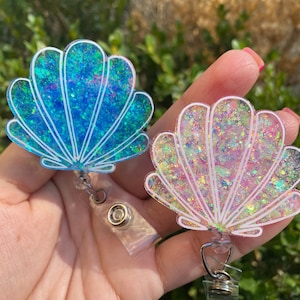 clam shell badge reel, mermaid accessories, ID badge clips, seashells, mermaid color glitters, cute girly gift