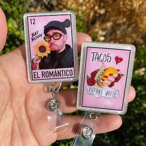 loteria card badge reels, bad bunny badge reel, el conejo malo, latina badge reel, tacos before vatos, funny valentines badge reels
