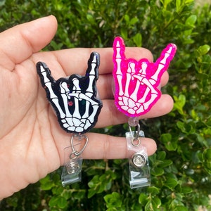 skeleton hand badge reel, rock on, spooky accessories, teacher gifts, badge reels for nurses, spooky, medical assistant, ID holder